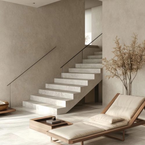 Minimalist Living Room with Chaise Lounge and Staircase